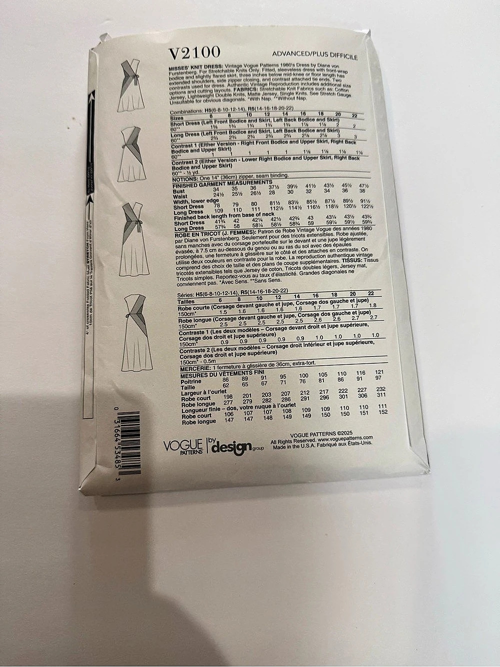 Vogue Patterns V2100 Sewing Pattern Envelope- Diane Von furstenberg - Picture 3 of 3